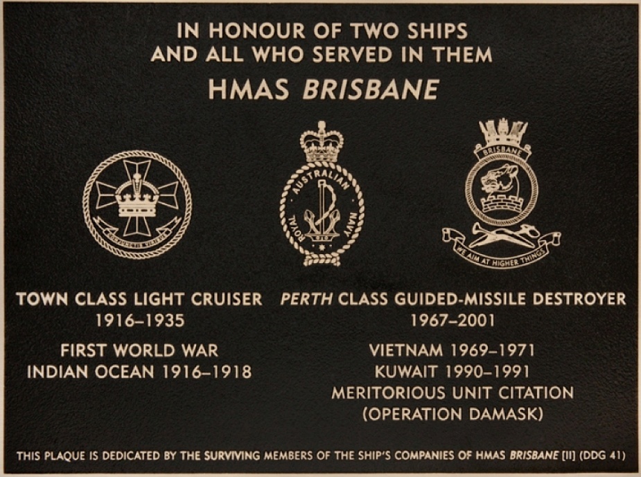 Commissioned by the HMAS Brisbane Association as part of the Australian War Memorial's Plaque Dedication Program, this plaque was dedicated on 19 October 2015 at a ceremony held at the Australian War Memorial. (AWM PL00234)