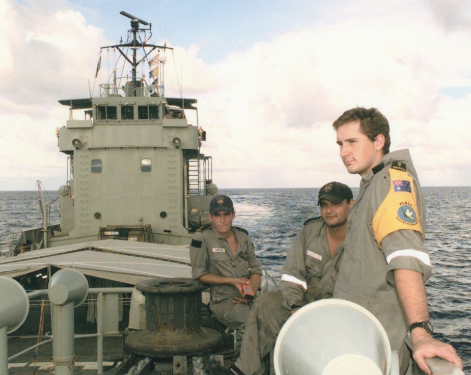 AB Michael Reed, LS Andrew Bryant and AB Forrest Russo aboard HMAS Brunei during Operation BEL ISI