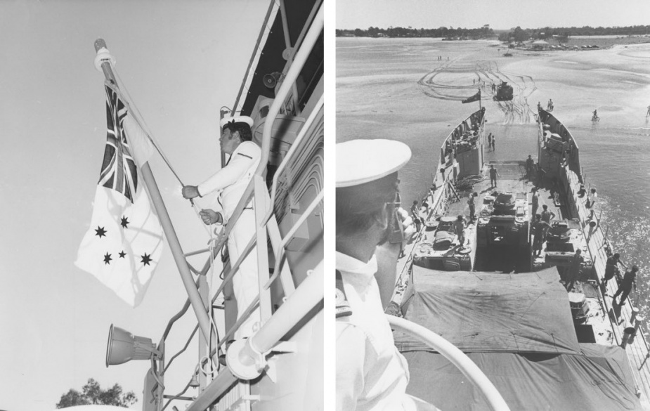 Left: Raising the Australian White Ensign on HMAS Brunei. Right: HMAS Brunei's Commanding Officer, Lieutenant Terry Feltham supervising the loading of APCs at Tin Can Bay, March 1980.