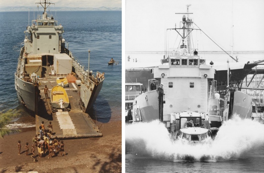 Left: HMAS Brunei providing survey support at Manam Island, PNG, July 1988. Right: HMAS Brunei launching a LARC V (Lighter Amphibious Resupply Cargo) during Navy Week 1989.