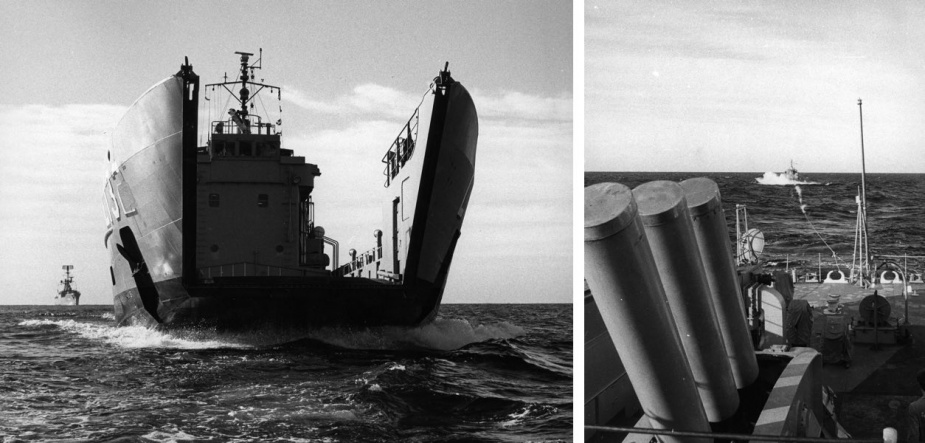 Left: HMAS Buna after losing her bow door between Lord Howe Island and Sydney. HMAS Parramatta is in the background. Right: HMAS Buna after under tow from HMAS Parramatta after losing her bow door.