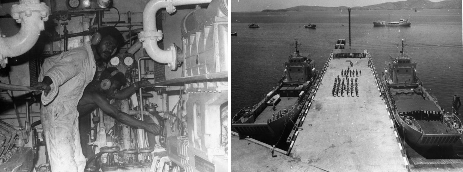 Left: Papuan sailors aboard Buna. Right: HMA Ships Buna and Salamaua commissioning into the Papua New Guinea Defence Force.