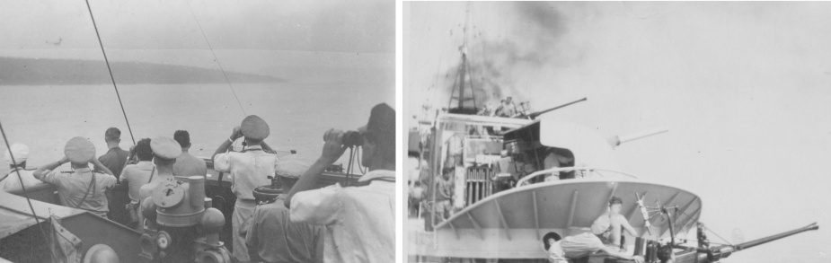 Burdekin conducting naval gunfire support off Halmahera in the Dutch East Indies (R C Higgins collection)
