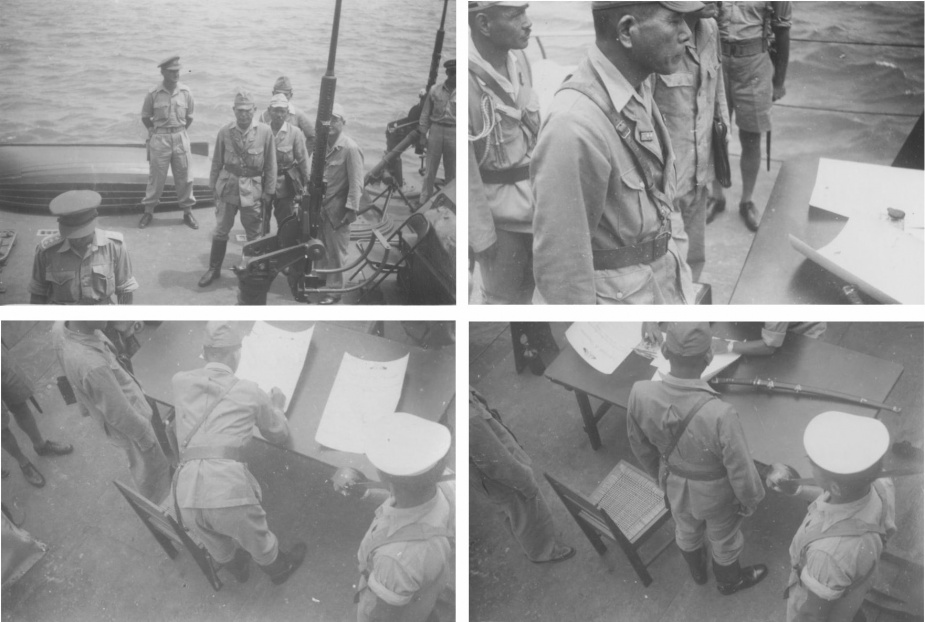 Vice Admiral Kamada is escorted on board Burdekin to sign the instrument of surrender. (RC Higgins collection)