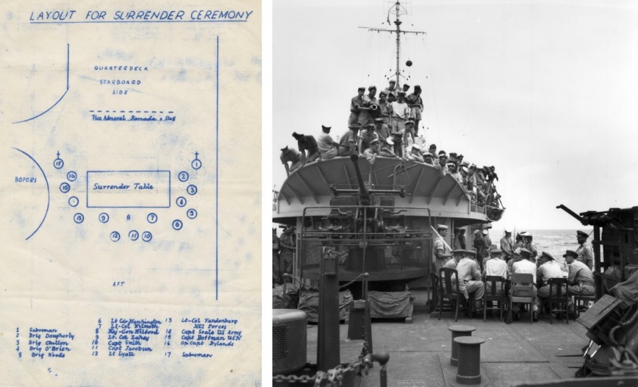 Left: Layout for Surrender Ceremony. Right: Japanese Surrender Ceremony held onboard HMAS Burdekin on 8 September 1945.