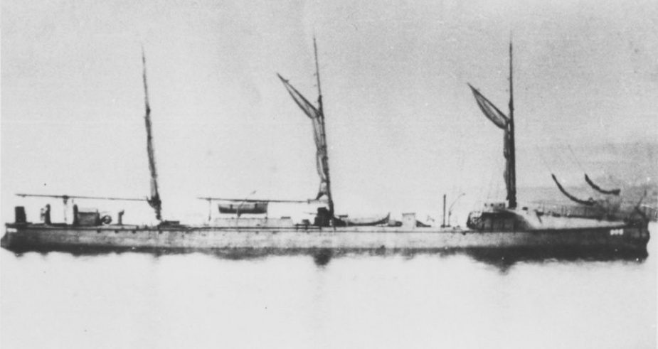 TB.905 rigged as a three-masted schooner for her voyage to Australia.