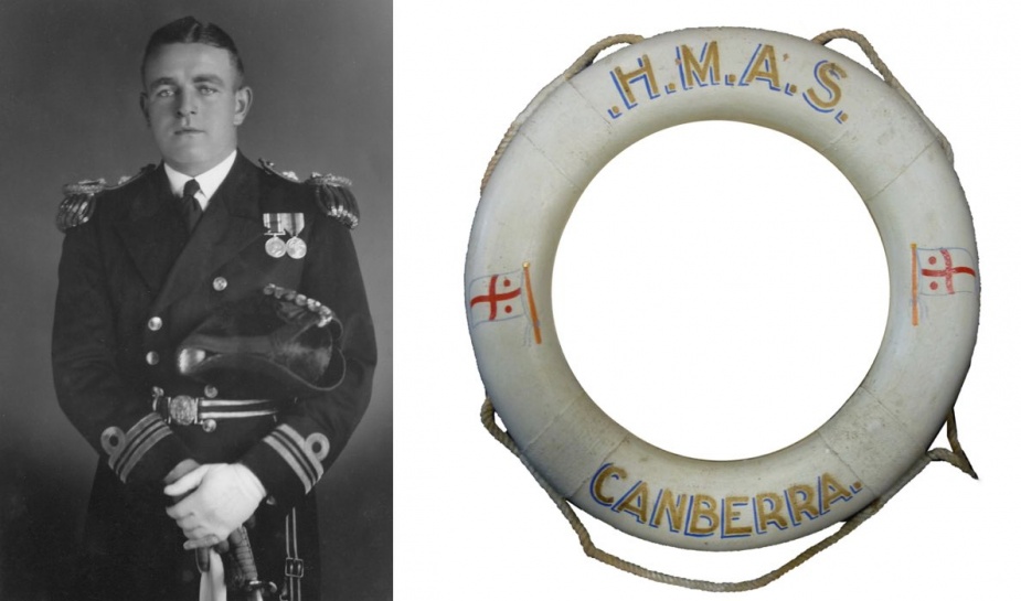 Left: During the Battle of Savo Island, Captain Frank Getting was severely wounded but remained at his post, refusing medical treatment. He was subsequently evacuated to an American Hospital ship but later died of his wounds and was buried at sea. Getting is depicted here in the uniform of a Lieutenant Commander. Right: HMAS Canberra (I)’s ceremonial life ring.