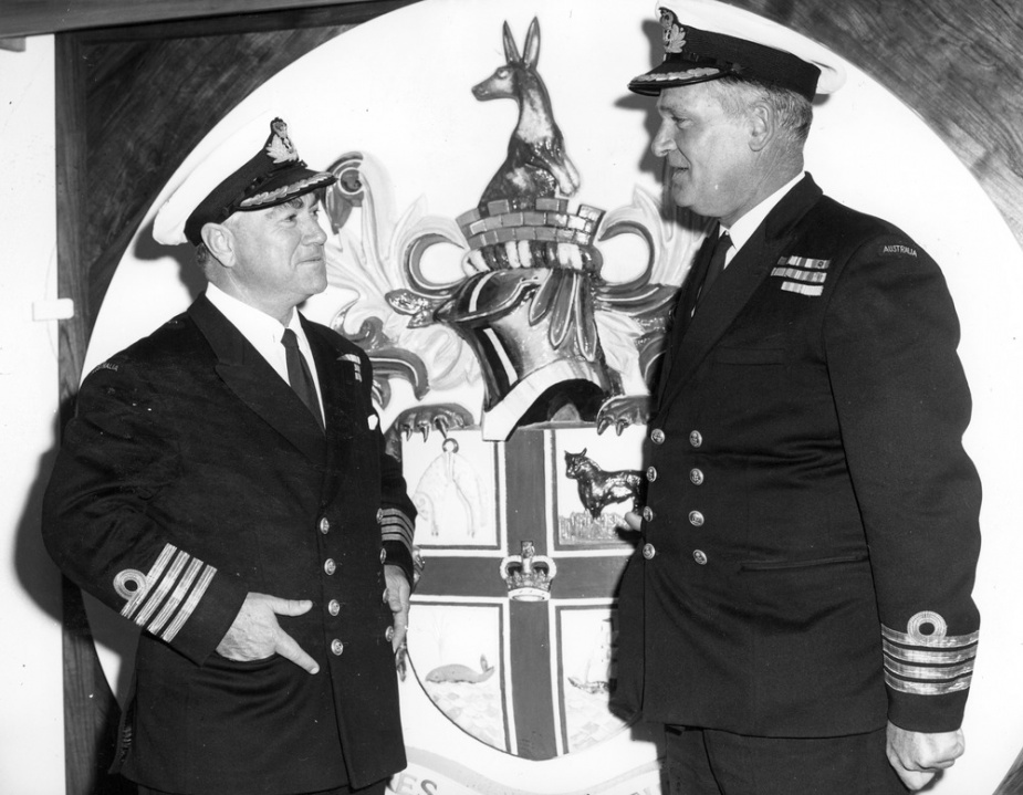 Captain Willis hands over command of the Australian Flagship HMAS Melbourne to Captain McDonald 24 May 1972.