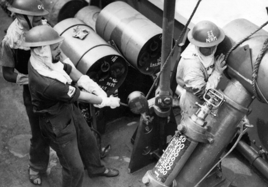 Ratings reloading one of Castlemaine's depth charge throwers. The corvettes were versatile ships capable of performing myriad tasks including: convoy escort, anti-submarine, surveying and troop transport duties.