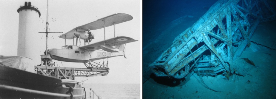 Left: Sydney's Seagull amphibian aircraft secured on its catapault. Right: When Sydney sank the catapault separated from the 'round-house' on which it was mounted coming to rest in the ship's debris field.