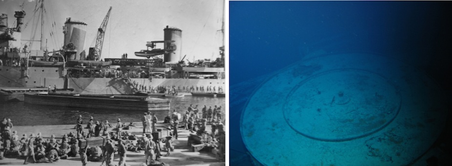 Left: Another view of Sydney's aircraft secured on its catapault amidships. Right: The top of the 'round-house' on which the catapault was normally mounted.