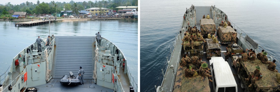 Left: HMAS Wewak prepares to conduct a beach landing in Maliata provence in the Solomon Islands to pick up Australian military vehicles and Australian and Tongan soldiers. Right: Australian Army vehicles secured on the tank deck of HMAS Wewak during the transit from Malaita to Guadalcanal in the Solomon Islands.