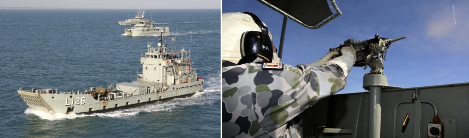 Left: HMA Ships Balikpapan, Benalla and Pirie enter Darwin Harbour in formation on completion of Exercise TRITON THUNDER 2012. Right: Able Seaman Clayton Marshall fires the 12.7mm Browning machine gun onboard HMAS Balikpapan during Exercise TRITON THUNDER 2012.