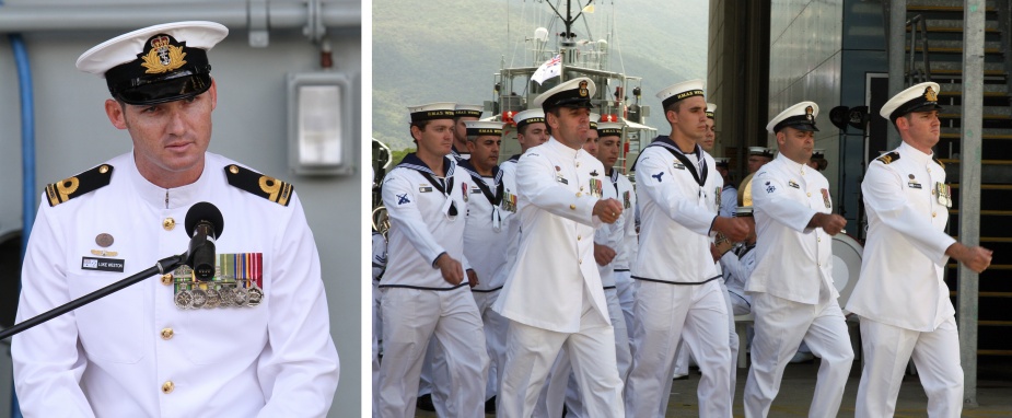 Left: Commanding Officer of HMAS Wewak, Lieutenant Luke Weston makes his address to dignitaries and invited guests at HMAS Wewak's Decommissioning Ceremony at HMAS Cairns Naval Base, North Queensland. Right: Ships Company of HMAS Wewak march off at the completion of her Decommissioning Ceremony at HMAS Cairns Naval Base, Queensland.