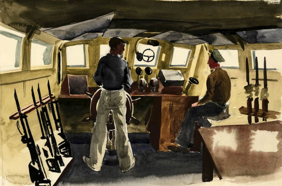 A watercolour of the wheel house of a Fairmile by Rex Julius (1914-1944).