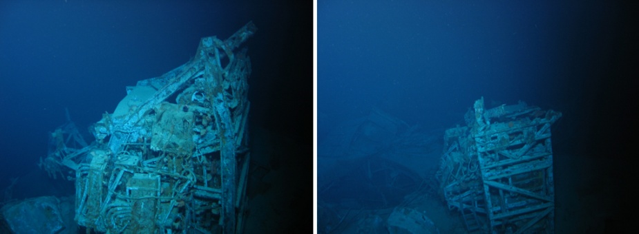 Two views of the main part of the seaplane crane which remains in situ on Sydney's wreck. The jib has detached and now lies on the main deck on the starboard side of the cruiser.