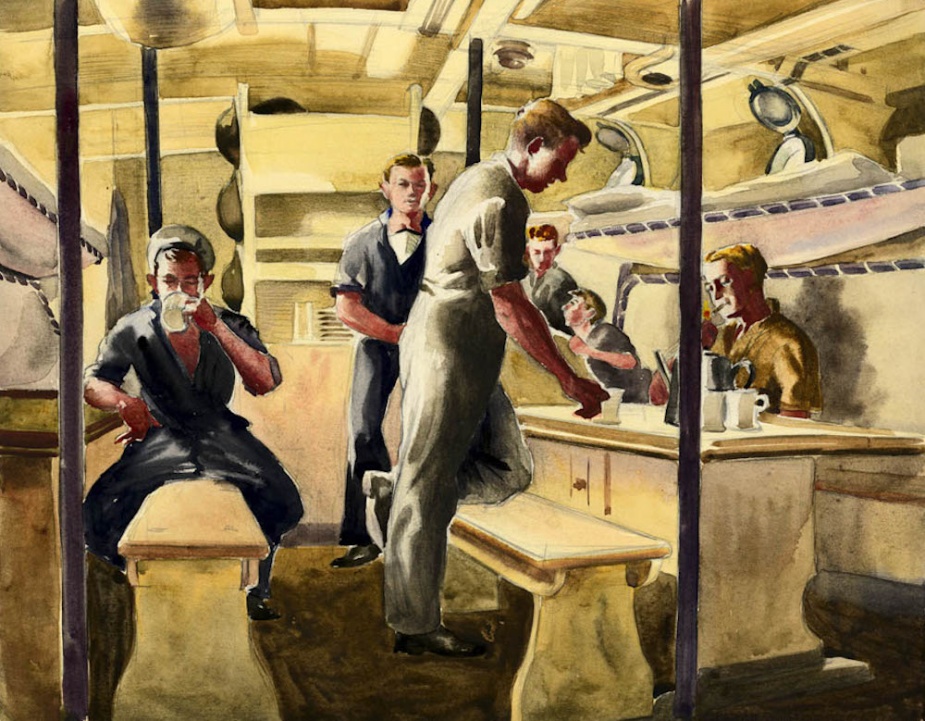 A watercolour of the cramped junior sailor's mess by Rex Julius (1914-1944).