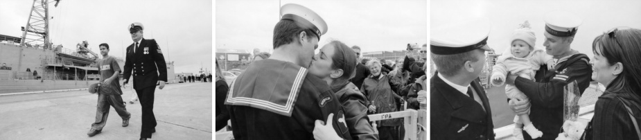 Left: PO James MacKenzie walks with his son past Darwin at a homecoming ceremony for Anzac and Darwin at Victoria Quay, 17 May 2003. (P04192.133) Centre: Able Seaman Marine Technician Shane Rowe from HMAS Darwin kisses his girlfriend Leading Seaman Combat Systems Operator Aeron Cornelius (previously of Darwin but posted off before the deployment) at the homecoming ceremony. (P04192.149) Right: An unidentified Leading Seaman from HMAS Darwin is reunited with relatives at the homecoming ceremony. (P04192.149)