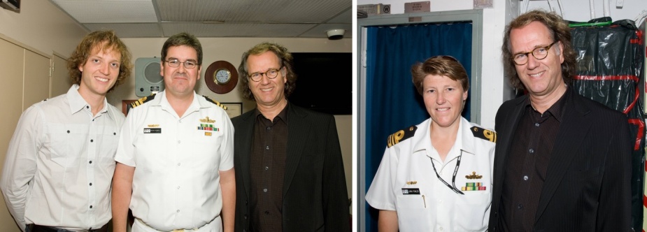 Left: World renowned violinist Andre Rieu and his son Pierre visited HMAS Darwin for a tour conducted by the ship's Commanding Officer, Commander Craig Powell, 25 November 2008. Right: Violinist Andre Rieu pictured with Lieutenant Commander Lara Fowler onboard HMAS Darwin.