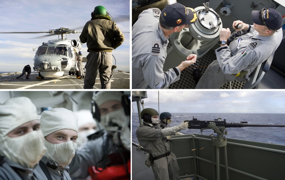 Top left: Tiger 80 lands on HMAS Darwin during Exercise TALISMAN SABRE 09, 6 July 2009. Petty Officer Aviation Technician Avionics David Hazell (right) is Flight Deck Marshaller. Top right: CO HMAS Darwin, CMDR Chris Smith, CSM, RAN and LEUT John Hallam, RAN on the starboard bridge wing. Bottom left: Able Seaman Stores Naval Bob Jope. Bottom right: Able Seaman Boatswains Mate Nathan Coles fires the .50 calibre machine gun from the port waist of HMAS Darwin during a weapons training exercise.