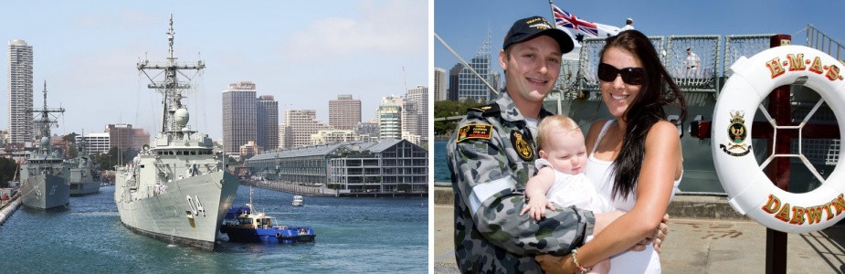 Left: HMAS Darwin returns to Fleet Base East, Garden Island from a four month deployment throughout South East Asia, 4 December 2009. Right: Able Seaman Combat Systems Operator (CSO) Chris King with his wife Seaman CSO Jayde King and their daughter Summer.