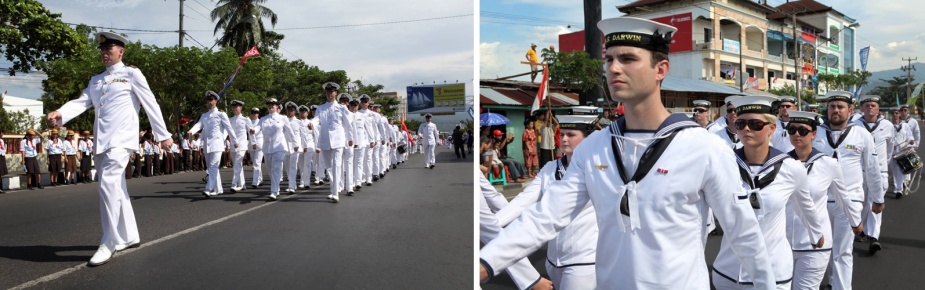 Officers and sailors from HMAS Darwin and HMAS Leeuwin participate in the Indonesian Fleet Review 2009, city parade in Manado, Indonesia during their South East Asian Deployment, 18 August 2009.