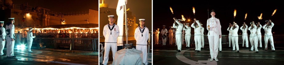 Left: Ceremonial Sunset performed onboard HMAS Darwin with guests watching from HMAS Arunta. Commander Steve Bowater, OAM, RAN, Commanding Officer HMAS Arunta hosts participants of Exercise BERSAMA LIMA 2009 onboard for a cocktail party reception while berthed in Sembawang, Singapore, 22 October 2009. Centre: Able Seaman Communications and Information Systems Daniel Martin, and Seaman Communications and Information Systems Luke Zantvoot. Right: HMAS Darwin’s ceremonial guard.