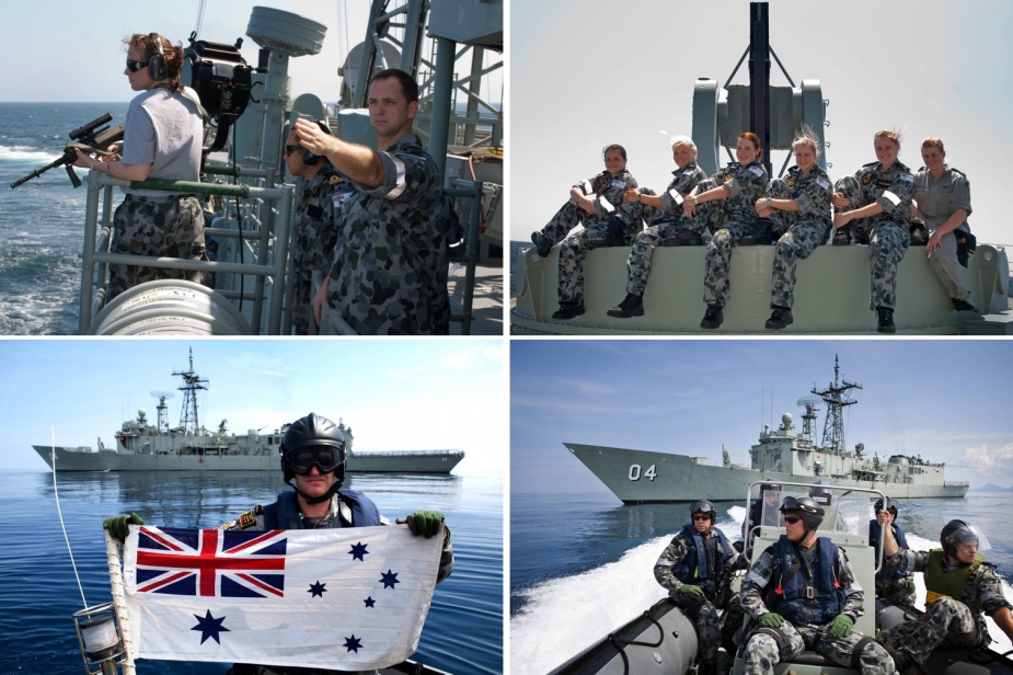 Top left: Darwin conducts Man Overboard Exercise (MOBEX) during her Southeast Asian Deployment 2009. Top right: (L-R) Seaman General Experience Sailors (SMNGX) Kirsty Goldsmith, Danielle Stevens, Jillian Witherow, Kirstie Nicholls, Georgia Patterson and Amanda Archer. Bottom left: Petty Officer Boatswain Antony Kirk. Bottom right: (L-R) Leading Seaman Boatswains Mate Glenn Phillips, Able Seaman Boatswains Mate Jarrdyn Pittman and Seaman Boatswains Mate Taylor Bradshaw.