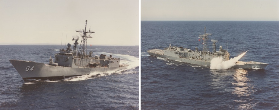 Left: Darwin at sea, circa October 1993. Right: Darwin launching a standard missile in the East Australian Exercise Area (EAXA), circa 5 October 1993.