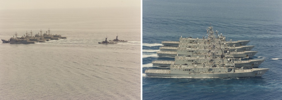 Five of the RAN's six guided missile frigates, including HMAS Darwin, during Exercise KAKADU II in northern Australian waters, 26 March 1995.