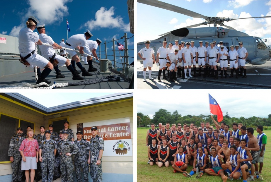 Top left: Heaving in on the berthing lines at Apia Samoa, 31 May 2012. Top right: Sailors pose in front of a Seahawk helicopter embarked in HMAS Darwin. Bottom left: Crew of HMAS Darwin take part in a working bee at the Samoan National Cancer Research Centre, June 2012. Bottom right: HMAS Darwin vs Samoan Kangaroos.