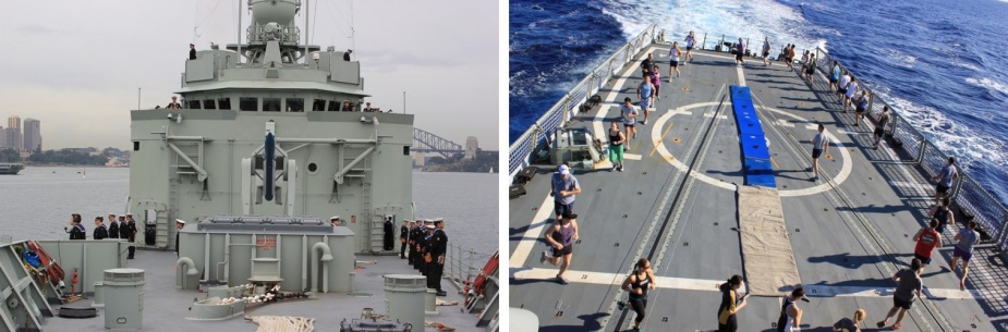 Left: Crew of Darwin departs Sydney Harbour, May 2012. Right: Crew of Darwin conducting PT on the flight deck.
