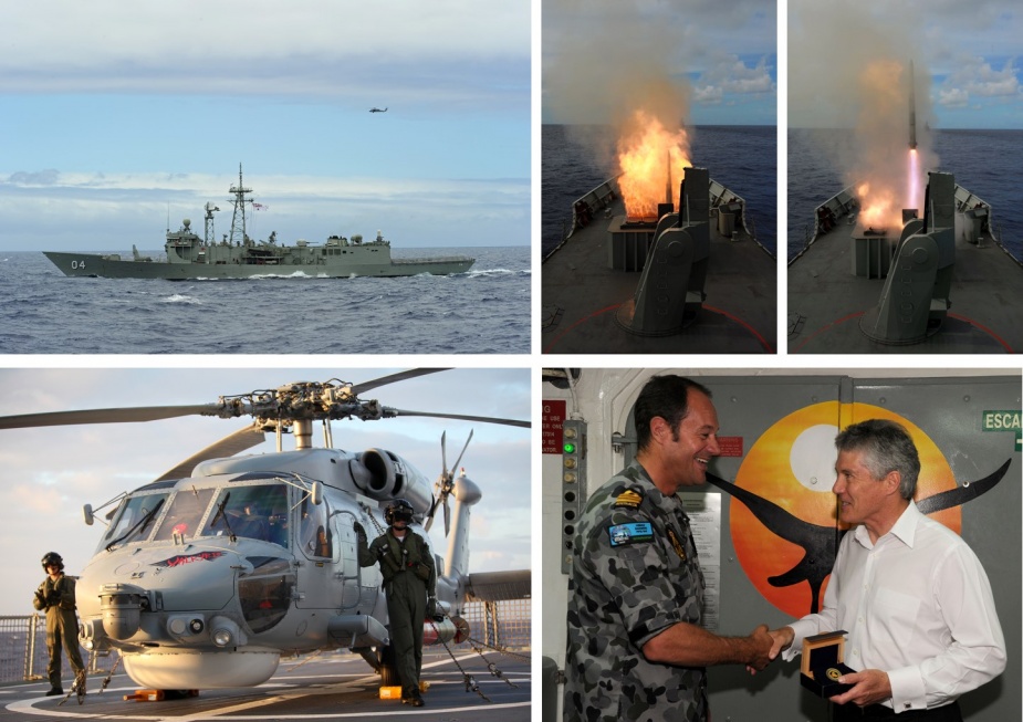 Top left: HMAS Darwin sails as a RAN Seahawk flies past on Biofuel during the signing of the Great Green Fleet agreement onboard USS Nimitz during Exercise RIMPAC 12. Top centre and right: HMAS Darwin successfully fires an Evolved Sea Sparrow Missile. Bottom left: HMAS Darwin's S-70B-2 Seahawk aircrew onboard HMAS Perth. Bottom right: CO HMAS Darwin CMDR Brian Schlegel presents Minister for Defence Stephen Smith with an HMAS Darwin commemorative coin.