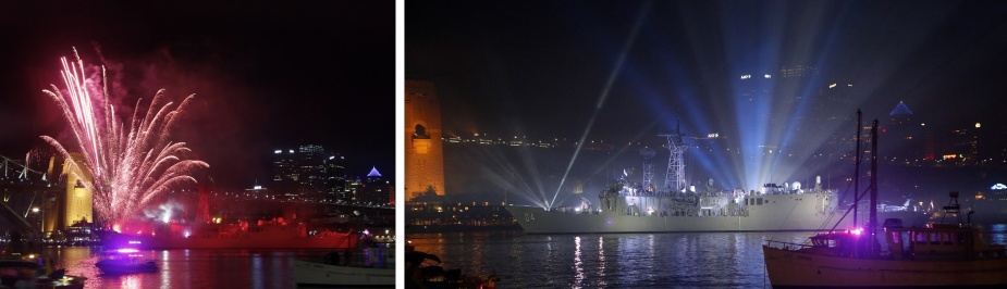 HMAS Darwin on Sydney Harbour during the International Fleet Review pyrotechnics and fireworks spectacular.