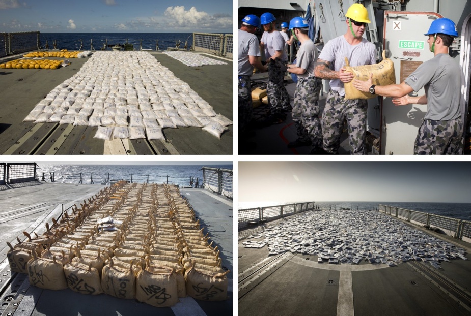 HMAS Darwin conducted eight separate narcotics interdictions over the course of her deployment to Operation MANITOU, resulting in the seizure and destruction of 1675kg of heroin and 10,647kg of cannabis resin.