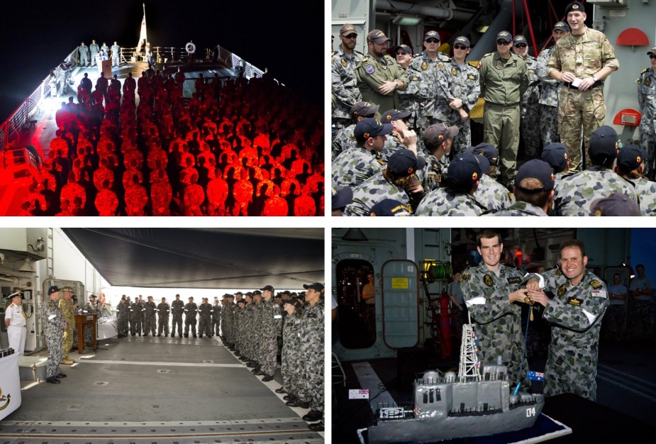 Top left: Darwin's ship's company commemorate Anzac Day, Indian Ocean, 2014. Top right: Commander Task Force 150, CDRE Jeremy Blunden, RN, addresses ship's company alongside in Muscat, 2 July 2014.<br />
Bottom left: Commander Joint Task Force 633, MAJGEN Craig Orme, AM, CSC, addresses ship's company, 17 July 2014. Bottom right: CO HMAS Darwin, CMDR Terence Morrison, RAN and youngest member of ship's company, AB Combat Systems Operator Michael Crawford, cut the cake to celebrate Darwin's 30th birthday, 21 July 2014.