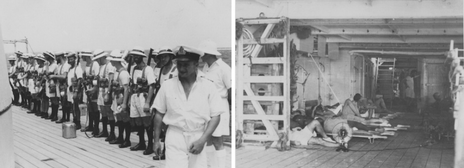 Left: Hobart's landing party mustered on her quarterdeck prior to going ashore. Right: The temporary sick back set up in the shelter deck.