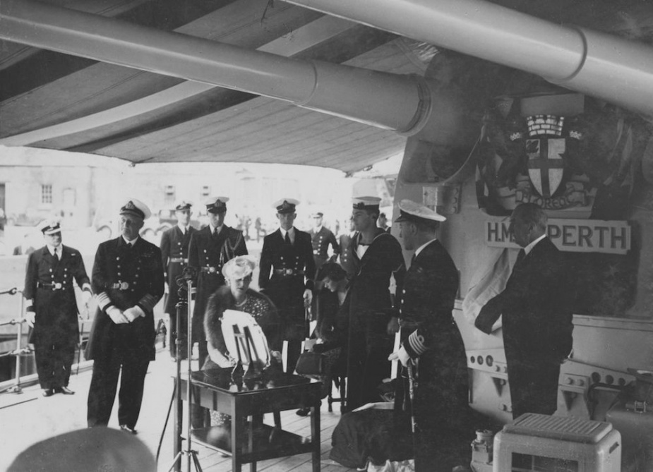 The Duchess of Kent officially renames 'Amphion' HMAS Perth, 10 July 1939.