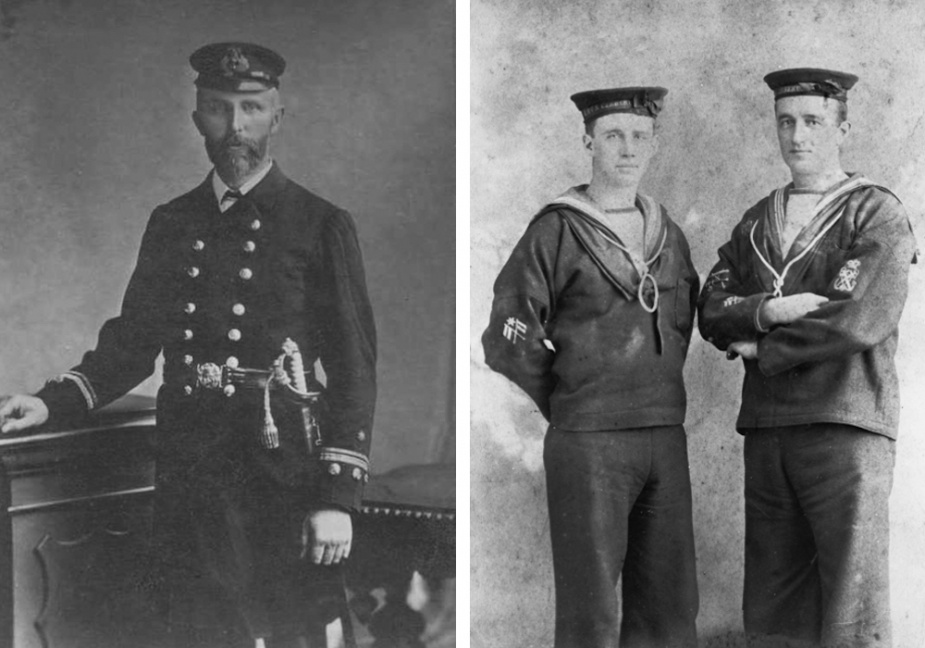 Left: Engineer Lieutenant W A Forsyth c. 1899 Right: Signalman Andrew Currer of Richmond, Victoria posing with a petty officer of Cerberus crew