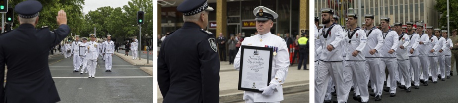 Left: In a centuries' old tradition, Chief Police Officer for ACT Rudi Lammers challenges the ship's company of HMAS Canberra (III) as they exercise their right of Freedom of Entry to the city of Canberra by marching through the streets. Centre: HMAS Canberra (III)'s Chief Naval Police Coxswain Darren Lonergan presents him the scroll decreeing the ship's Freedom of Entry to the city. Right: Ship’s company march through the streets of Canberra, 5 November 2015. (LSIS Helen Frank)