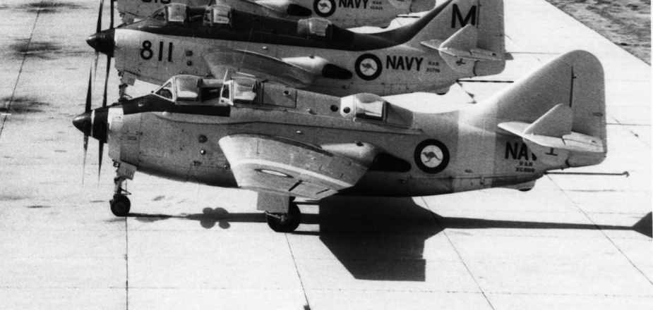 Fairey Gannets on the ground at NAS Nowra. The Gannet's unusual twin-propeller design enabled it to fly with just one engine engaged.
