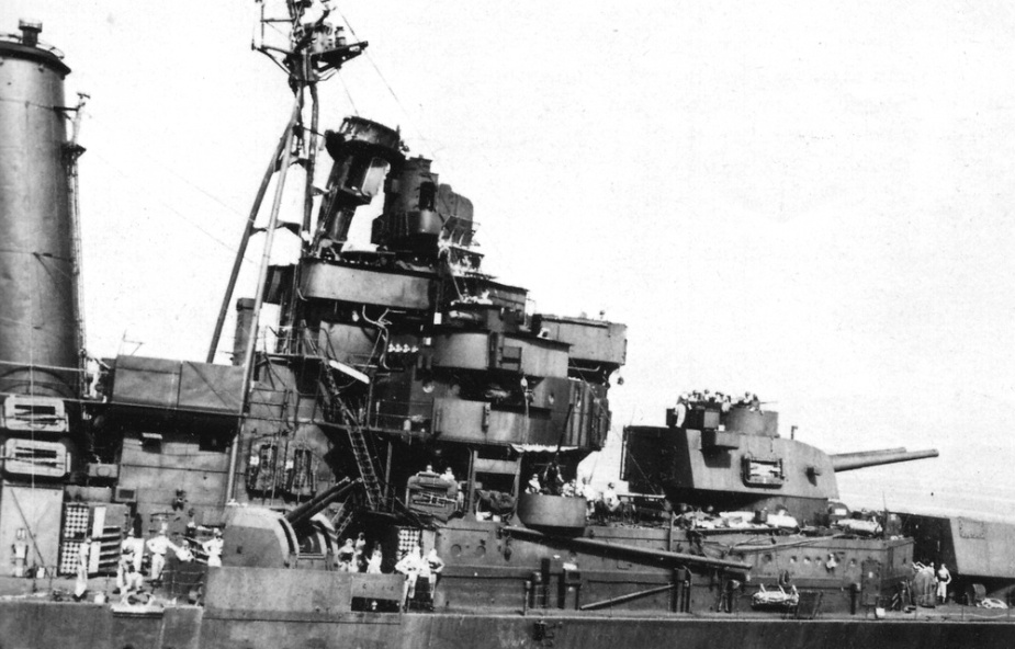 The damage to Australia's bridge and foremast following the aerial attack of 21 October 1944.