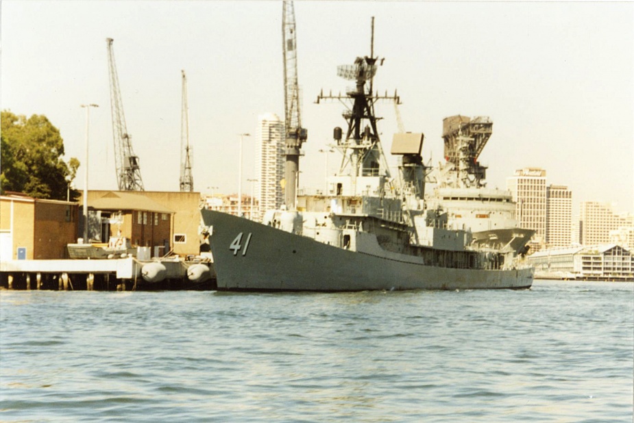 A decommissioned HMAS Brisbane at the oil wharf alongside Fleet Base East. Note the ship's bridge has been completely removed and forms part of a display at the Australian War Memorial. 