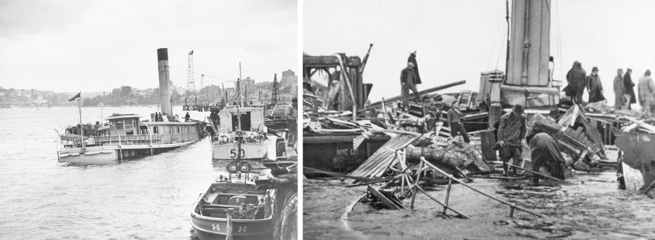Left: Kuttabul lying on the sea bed at her mooring following the torpedo attack. Right: Workers sift through the debris on Kuttabul's upper-deck.