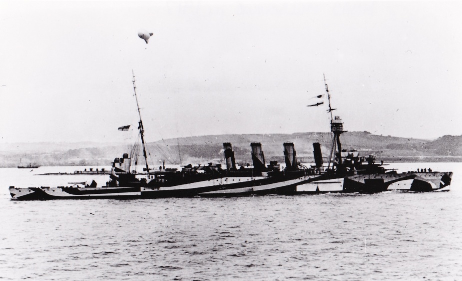 HMAS Melbourne wearing her wartime dazzle pattern camouflage 