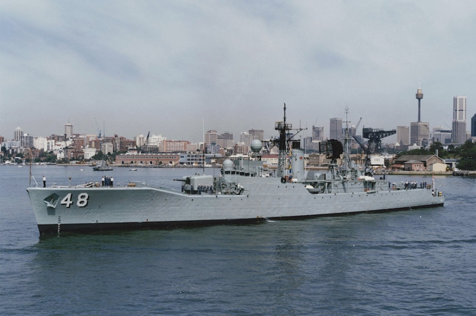 HMAS Stuart (II) departing Port Jackson, Sydney, circa 1990.