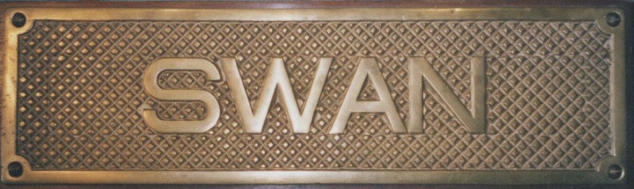HMAS Swan (II)'s brass tread plate. Tread plates were usually located on the quarterdeck of ships where gangways were rigged. As the name suggests they were normaly the first part of a ship that one stepped onto when coming aboard.