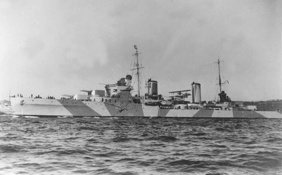 Following her return to Australia Sydney was employed variously in waters on both the east and west coasts of the continent. Here she can be seen deploying one of her paravanes.