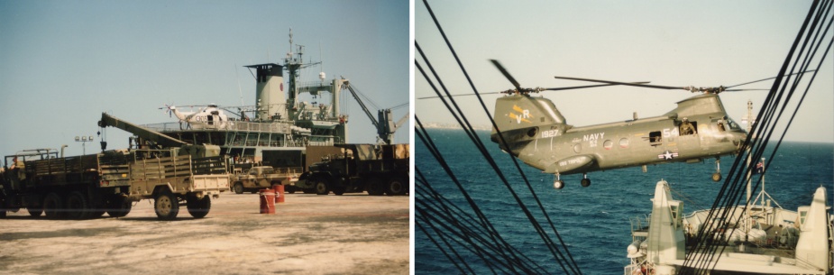 Left: Tobruk moored in Mogadishu, 20 January 1993. Note her embarked Sea King helicopter from 817 Squadron ranged on her flight deck. Right: Tobruk conducts a vertrep with a Sea Knight helicopter from USS Tripoli.