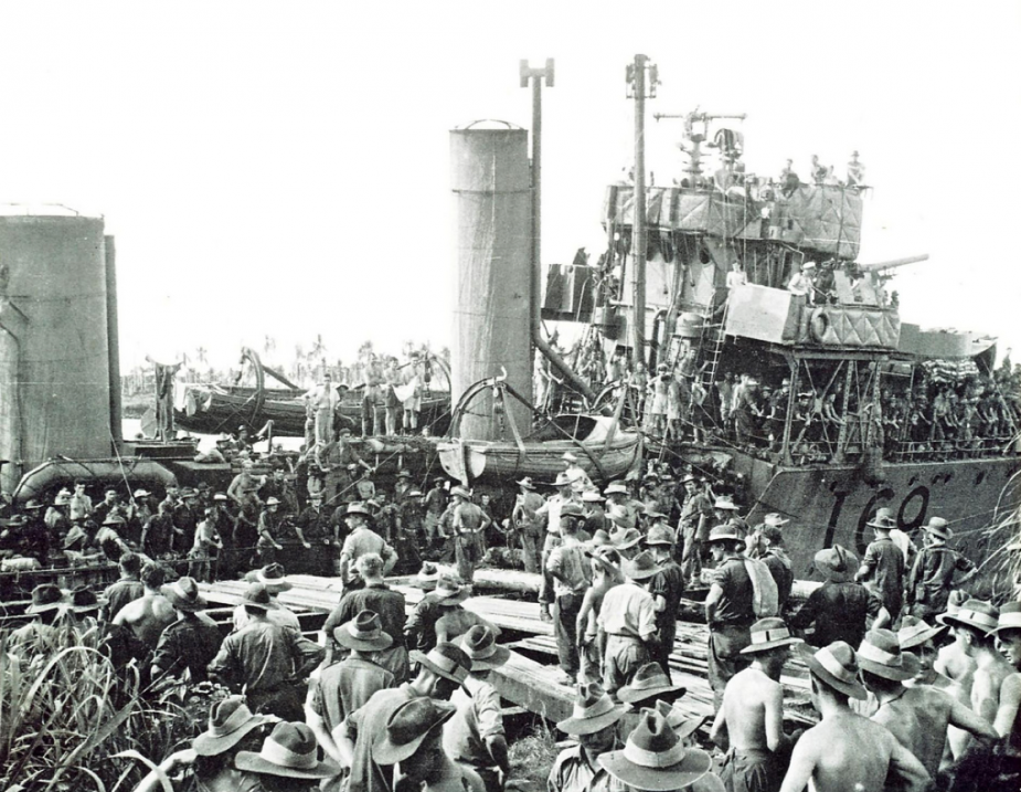 HMAS Vendetta delivering troops and stores to Madang, 2 May 1944